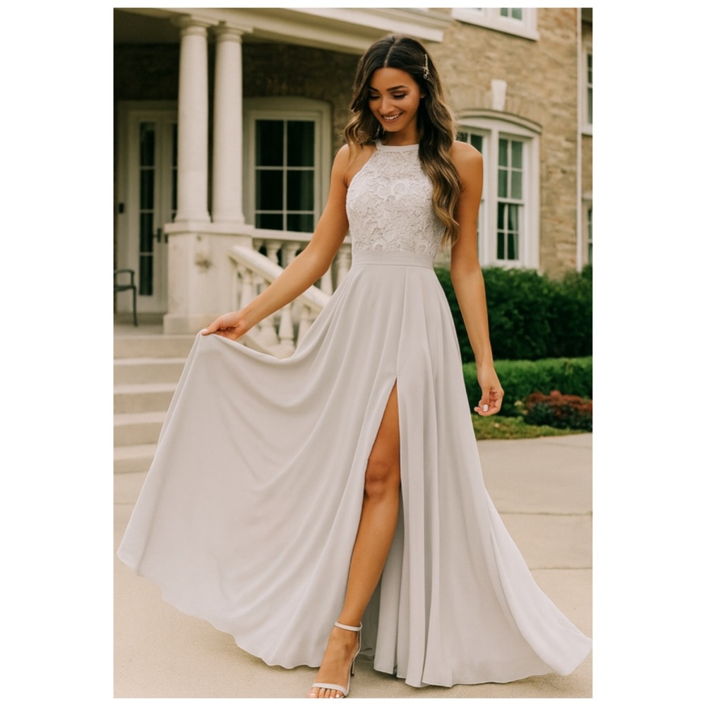 LULUS Gray Lace High Neck Maxi Dress Small Bridesmaid Formal Slit Gown